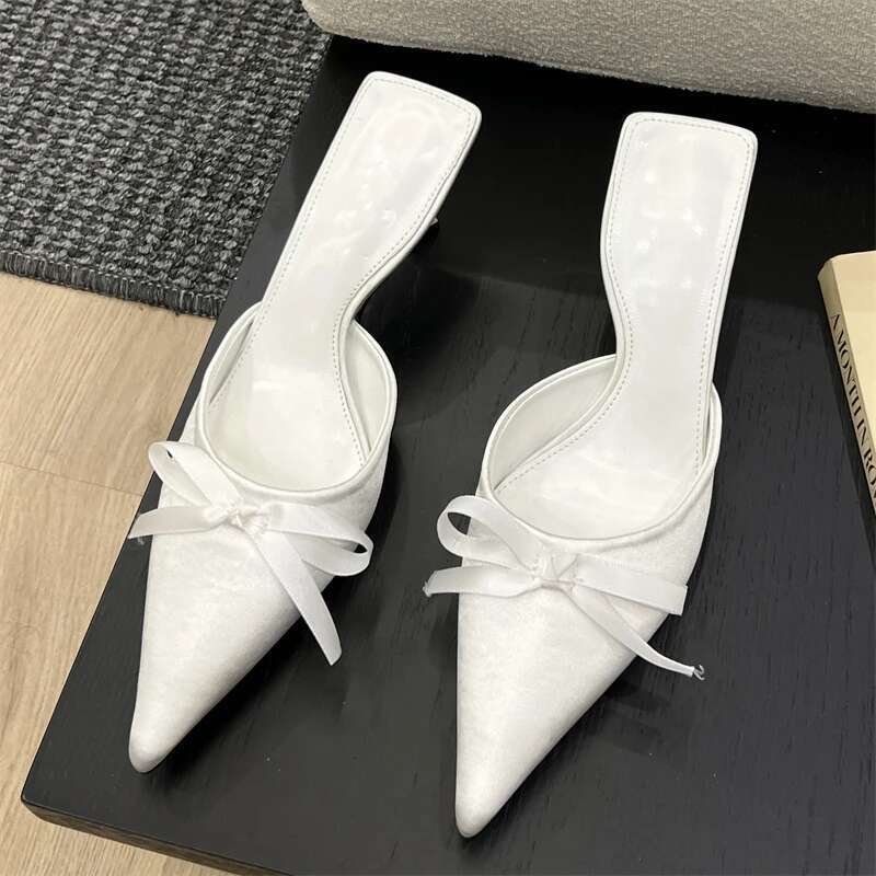 Spring Summer Silk Butterfly-knot Women's Slippers Sandals Pointed Toe High Heel Pumps Ladies Stripper Mules Shoe