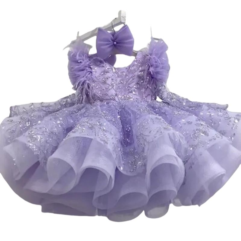 Beaded Lavender Little Girls Pageant Dresses Fluffy Tiered Tutu Toddler Kids Formal Wear Long Sleeves Short Birthday Party Gown Flower Girls Dress
