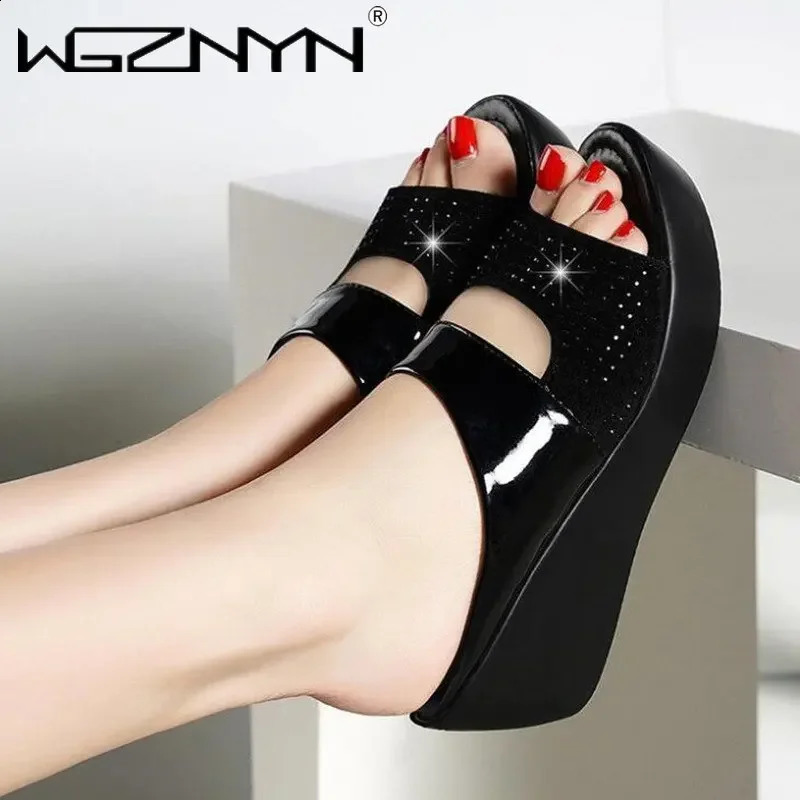 Womens Platform Slippers Wedge Summer Shoes Women Flip-Flops High Heels Loafers Casual Solid Color Party Bling Sandals 250213