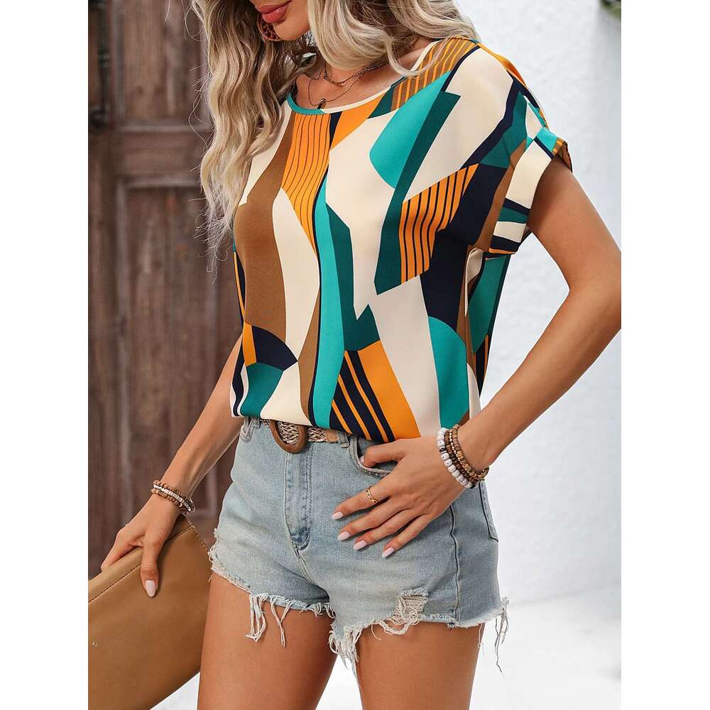 European American Cross-Border Women's Fashionable And Elegant Geometric Pattern Printed Bat Sleeve Shirt