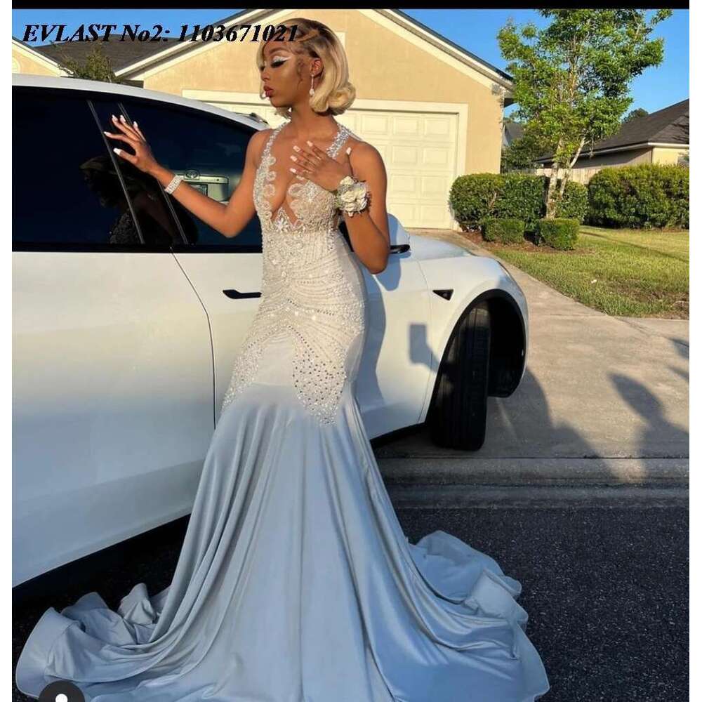 EVLAST Customized Sparkly Sier Crystal Beading Mermaid Prom Dress Sheer Black Girls Women Formal Party Evening Gowns E2P138