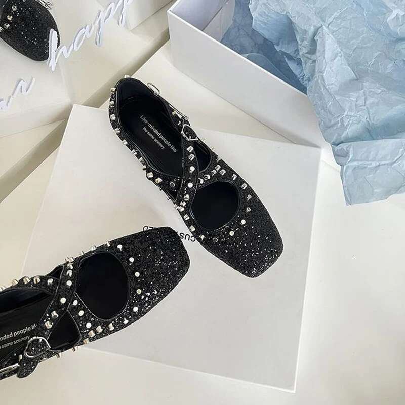 Fashion genuine leather rivet square toe women ballet flats