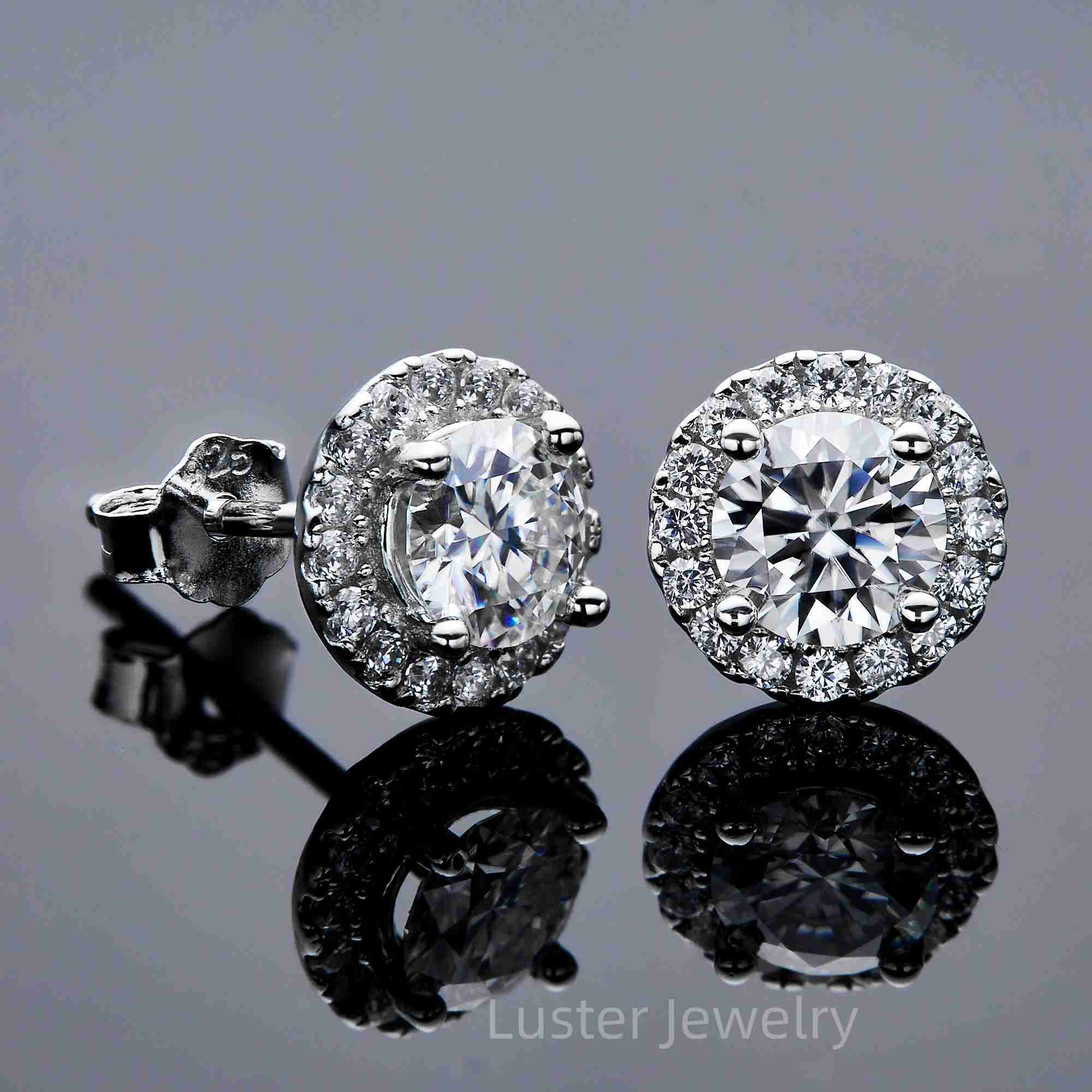 Luster Classic Halo Moissanite Round Bezel Setting 5mm 0.5ct VVS Moissanite Stud Earrings 925 Sterling Silver for Women