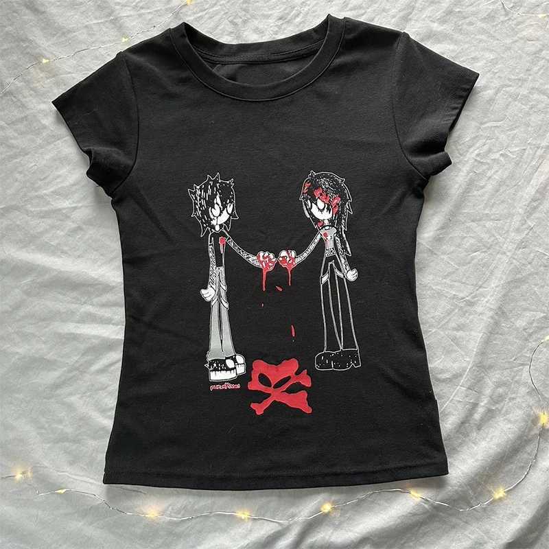 womens 90s T-shirts Fashion Goth Baby Tees Crop Tops 2000s Emo girls Y2k style clothes Harajuku print grunge Short TopsT250218