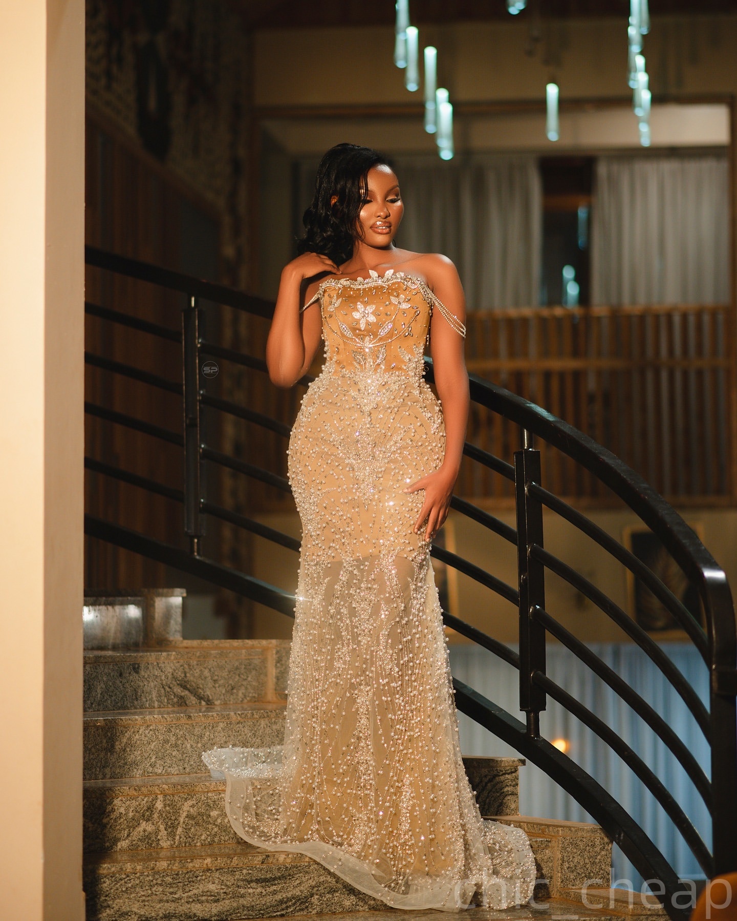 Aso Ebi Gold Mermaid Prom Dresses 2025 Illusion Crystals Pearls Evening Formal Party Second Birthday Engagement Gowns Plus Size Dress For Special Occa