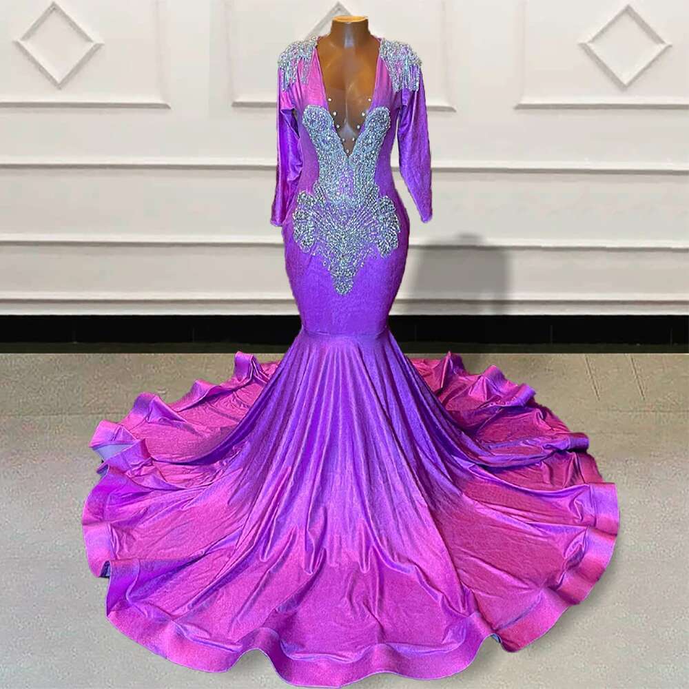 Rhies Beaded Purple Long Prom Dress for Graduation Party Mermaid V Neck Full Sleeves Women Formal Evening Gala Gown