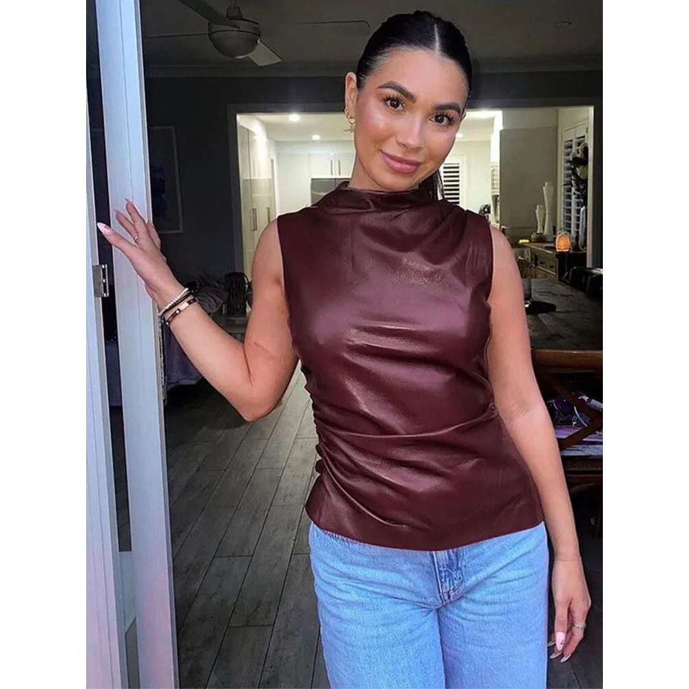 Sexy Vest Women's Y2k Retro Pu Simple Basic Vest, High Waist Slim Fit Sleeveless Top, Multifunctional Noble Shirt