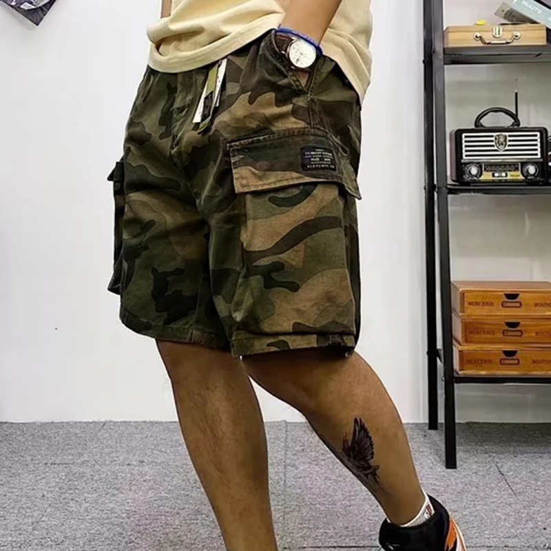Trendy Camouflage Cargo Shorts Mens Summer American Belt MultiFlap Pocket Pants MidPants Loose Casual Trousers 250218