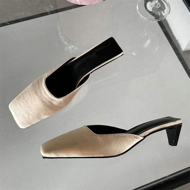 Spring Satin Women Slippers Fashion Square Toe Low Heels Sgback Casual Party Shallow Mules Ladies Slides Shoes