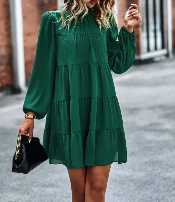 Womens Round Neck Lantern Sleeve Loose Casual A-Line Dress Temperament Commuting Summer Fashion High Waist Women Dresses 250218