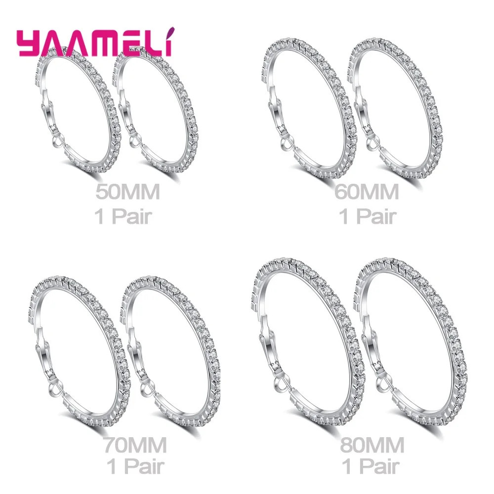4pair Mix Fashion Women Hoop Earrings 925 Sterling Silver Austrian Crystal Cubic Zircon Circle Ear Brinco Pendientes 30-80mm250214