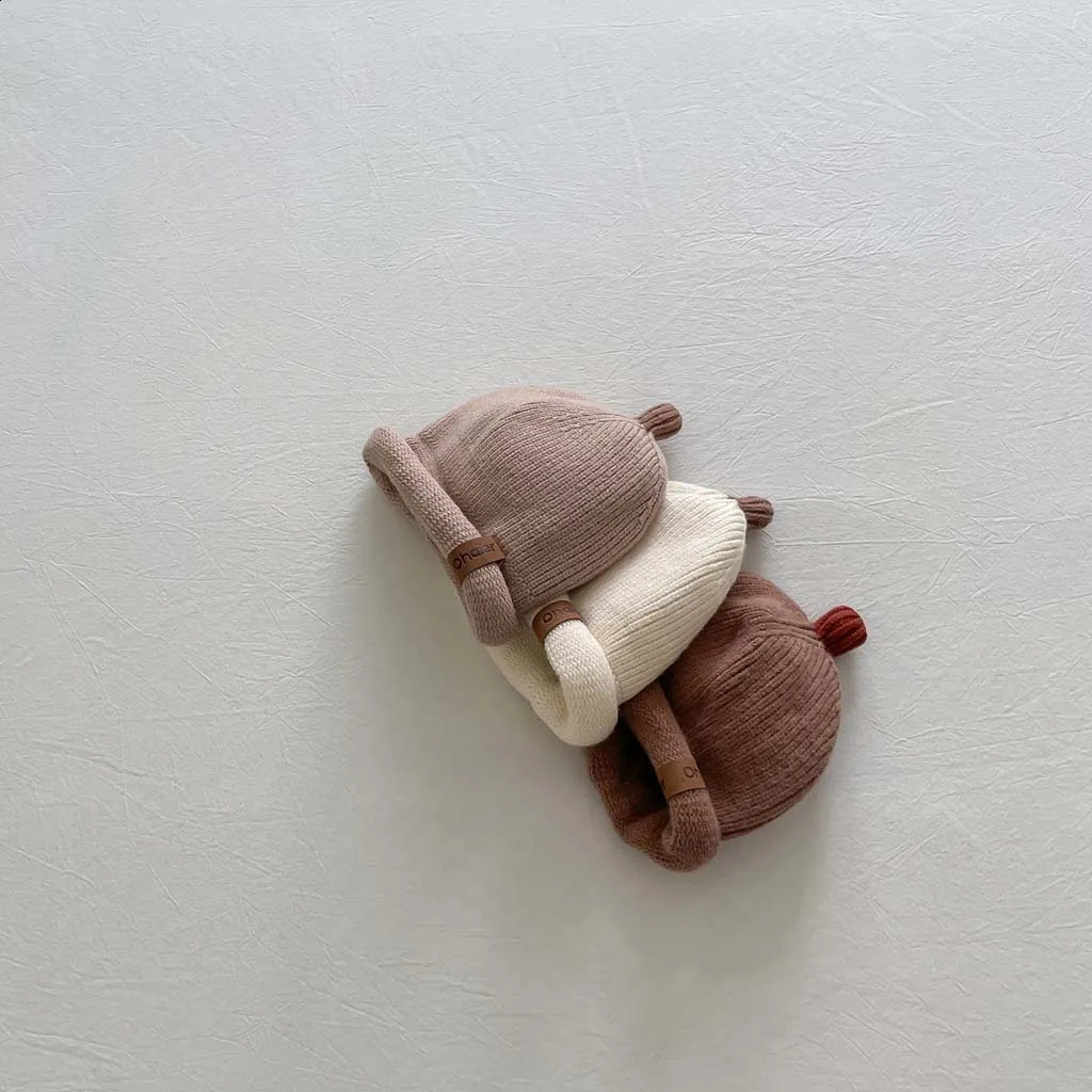 Korean Cute Baby Beanie Hat Autumn Winter Childrens Knitted Hat Earrings Warm Wool Hat Girls and Boys Elastic Soft Hat 250219