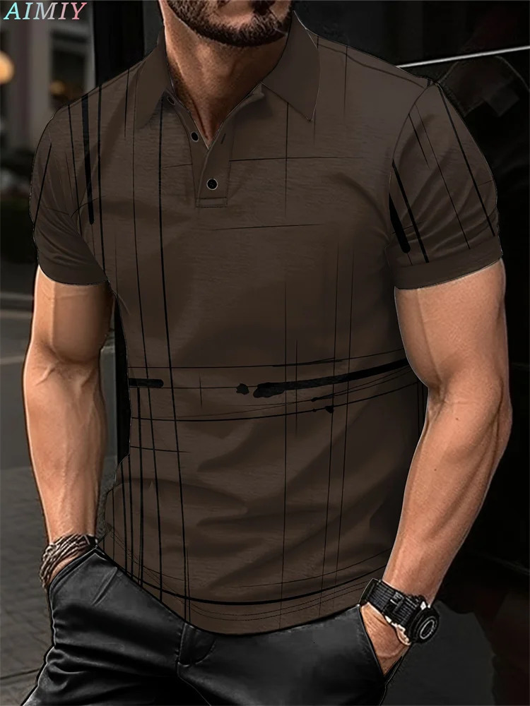 Summer Mens Short Sleeved Polo Shirt 3D Striped Digital Printed Business Casual Zipper Lapel Button Top 2025 250219