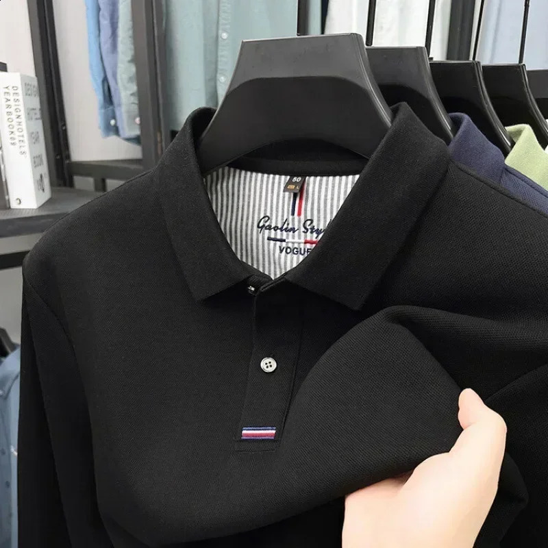 Autumn Thickened Double-sided Pearl Cotton Long-sleeved T-shirt Mens Middle-aged Mens Lapel POLO Casual Top 250218
