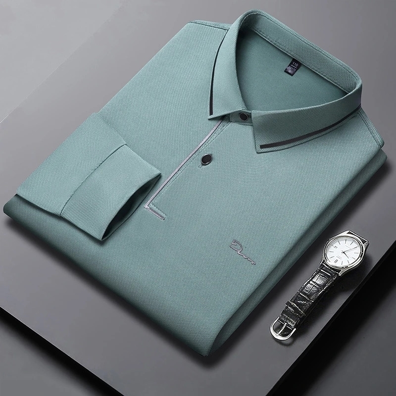 Mens Business Casual Long Sleeved Shirt with Badge Solid Color Polo Fashionable Breathable Comfortable Versatile Top y250213