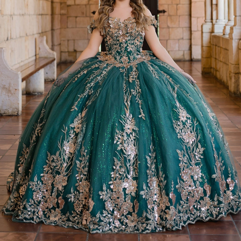 Blackish Green Shiny Quinceanera Dresses Ball Gown Off The Shoulder Applique Lace Beading Tull Party Birthday Sweet 16 Dress Vestido 15 De Anos