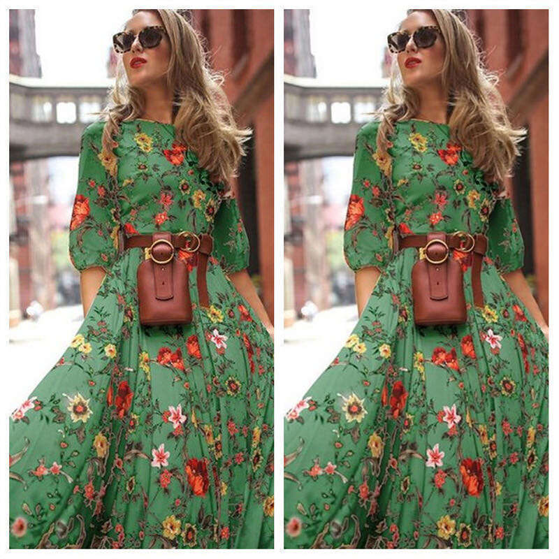 European and American women's chiffon printed long skirt Bohemian vacation style dress 2025 new casual versatile fashion clothing