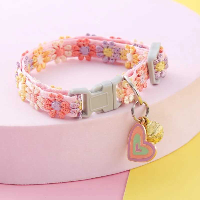 Fashionable Rainbow Flower Cat Collar with Bell Small Cat and Dog Necklace with Adjustable Buckle Colorful Lace Small Cat Collar Dog Accessories W2502