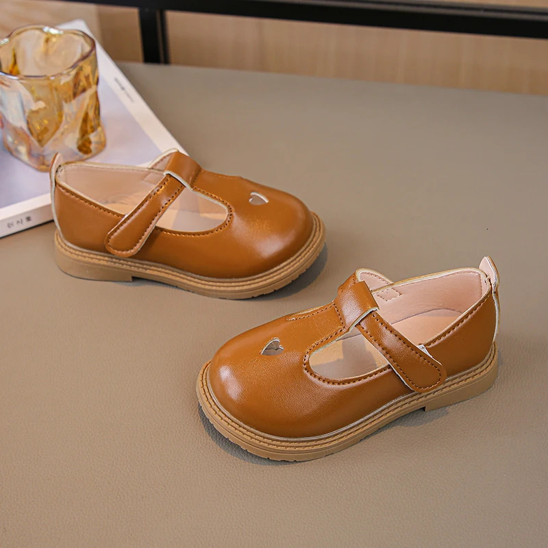 Girls Princess Leather Shoes Toddlers Baby Kids Flats T-strap Cut-outs with Heart Hollow Cute Sweet Soft Spring Autumn 250219