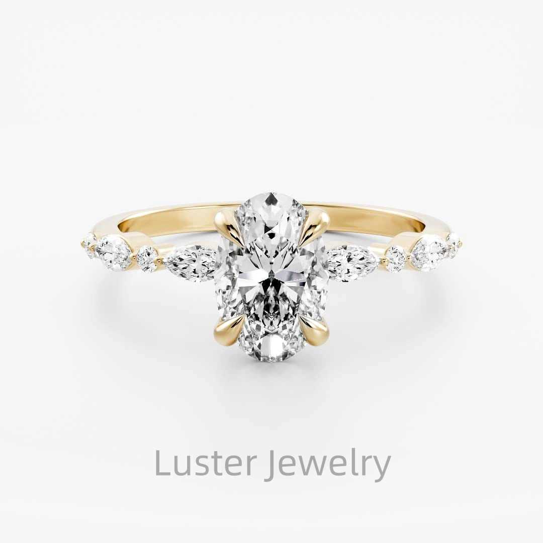 Luster Elegant 4 Prong Solitaire 3ct Oval Cut Moissanite 14K 18K Gold Half Eternity Bridal Moissanite Wedding Ring Set for Women