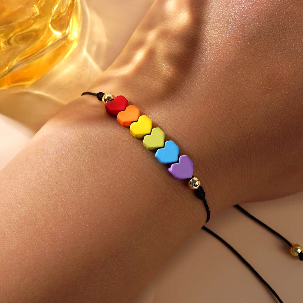 Colorful Iron Gallstone Valentine's Day Bracelet with High Quality and Adjustable Peach Heart Weaving Handstring, Love Couple Hand Rope