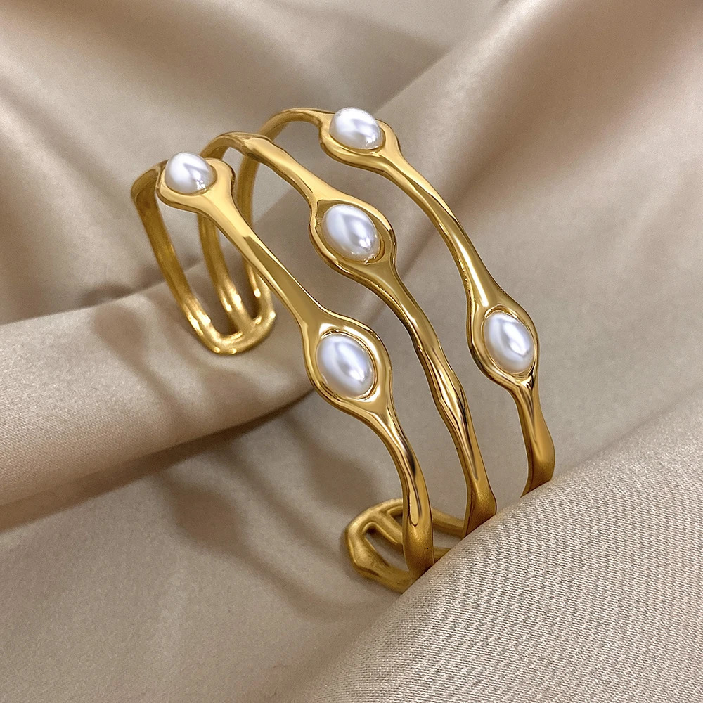 Vintage Layered Gold Plated Pearl Stainless Steel Bangles Bracelet for Women Men Bohemia Wide Open Cuff Wrist Party Jewelry Gift 250213