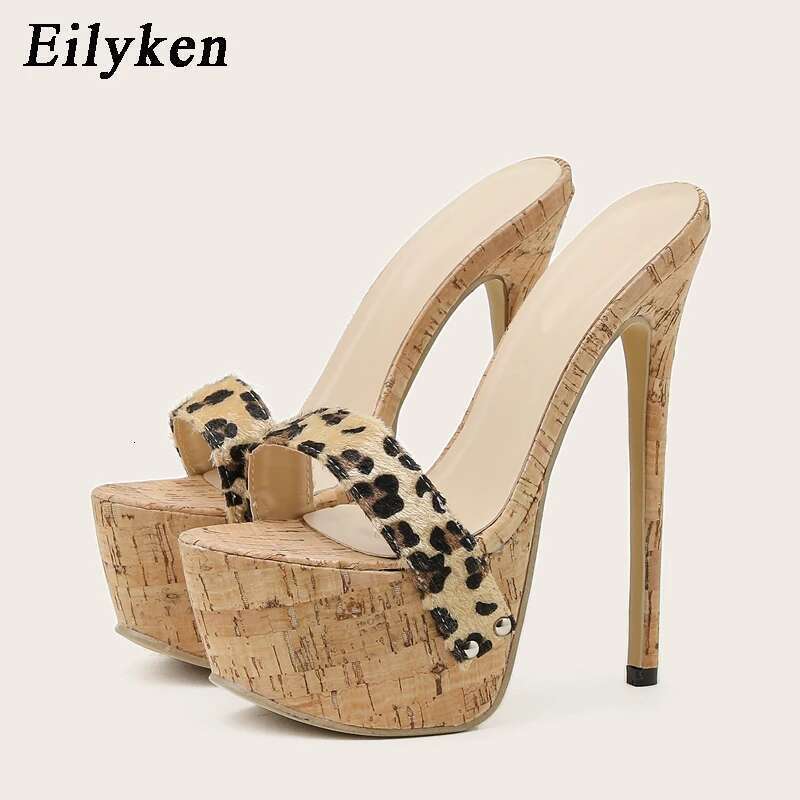 2025 New Summer Leopard Slippers Ladies Fashion Peep Toe Slip On Platform Sandals Mules High Heels 17CM Shoes Size 35-42