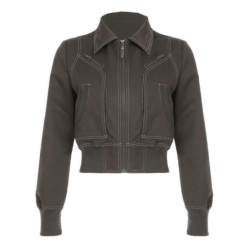 BIIKPIIK Casual Pockets Zipper Jackets Turndown Collar Long Sleeve Women Haruku Coat Vintage Y2K Slim Fit Jacket Autumn Winter