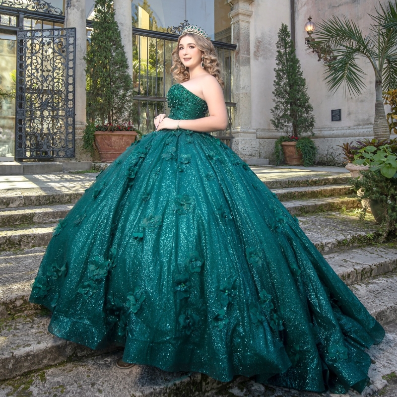 Emerald Green Shiny Quinceanera Dresses Ball Gown Off Shoulder Flower Beading Crystal Tull Sweet 16 Dress Vestidos 15 De Anos