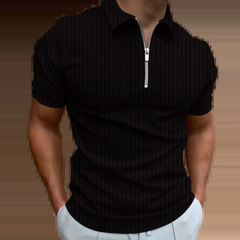 Mens Fashion Polo Shirts 2023 Summer Stripe Zipper Shirt Solid TShirt ShortSleeved Casual Slim Tops 250219