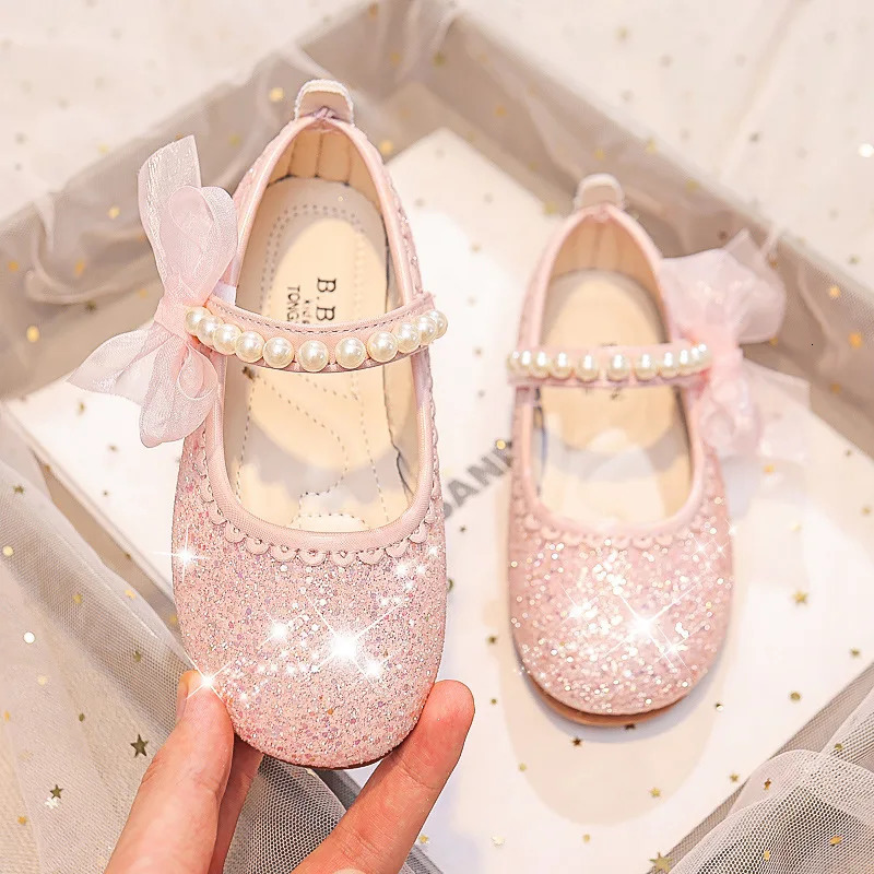 Girls Oxfords Bling Shoes Spring Autumn Kids School Dancing Shoes Pearl Beadings Big Girls Soft PU Leather Shoes Pink Beige 250219