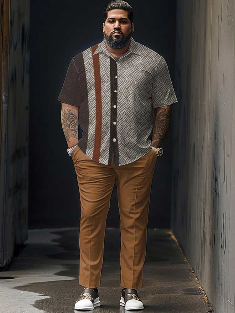 ZOOY (L-9XL) Mens Large Set Waist 166cm Gradient Color Block Texture Simple Casual Short sleeved Shirt and Pants SetXJ250218