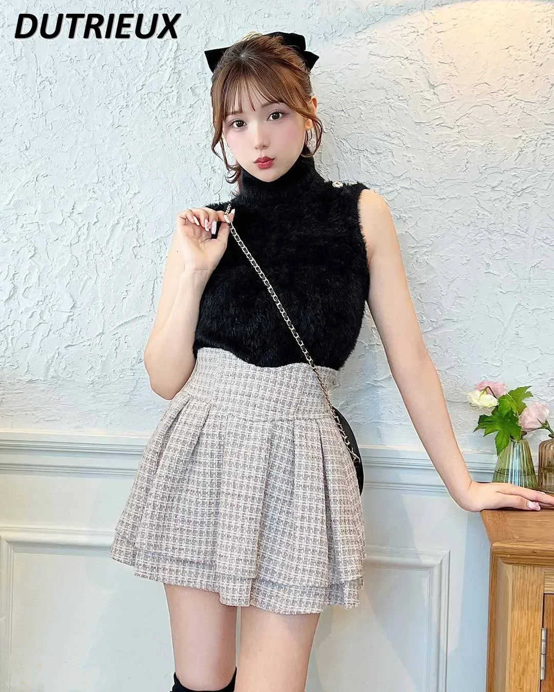 Japanese Lolita Skirts Ruffled Pleated Plaid Skirt Women Spring Elastic High Waist Slimming Gentle Mini Culottes 250213