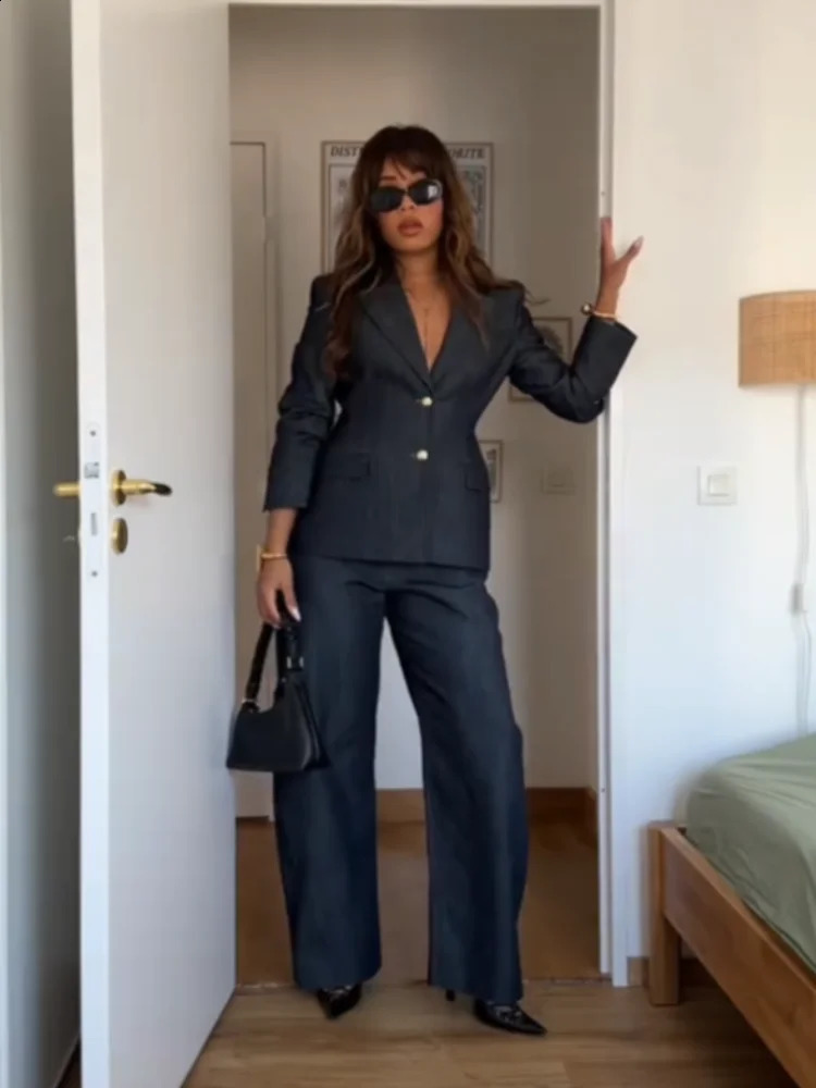 Denim Blazer Coat Tube Top Pants Sets 3 Pieces Women Spring Notched Button Up Suits Jacket Vest Wide Leg Trousers Suits 250218