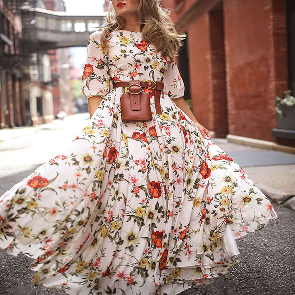 European and American women's chiffon printed long skirt Bohemian vacation style dress 2025 new casual versatile fashion clothing