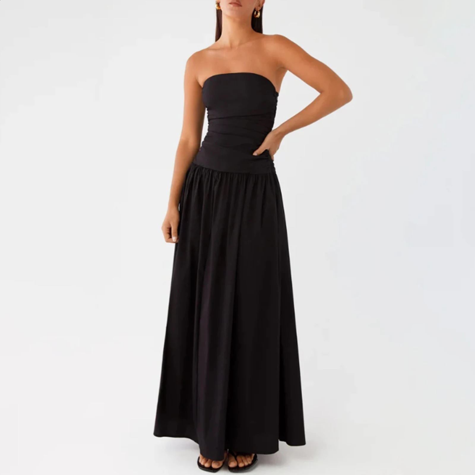 Elegant Strapless Maxi Tube Dress Women Ruched Long Sundress Boat Neck Sleeveless Strapless Flowy Dresses Party Clubwear 250218
