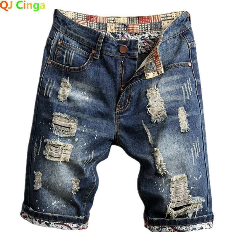 Ripped Shorts Summer New Blue Men Vintage Ripped Short Jeans Streetwear Hole Slim Denim Shorts Male Brand Clothes Big Size 28-36 38 40