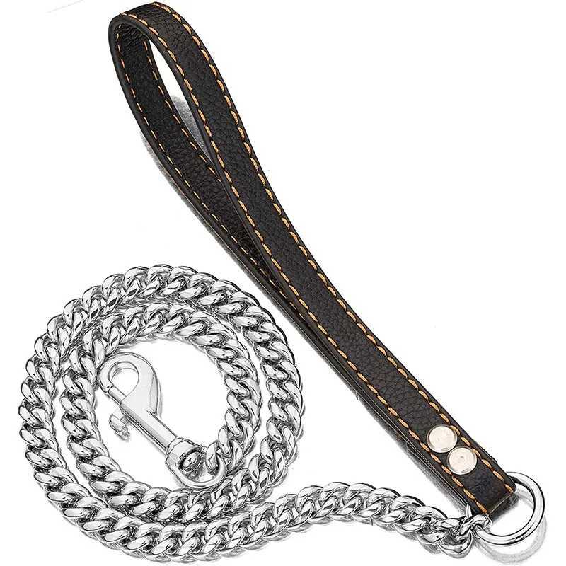 120cm Heavy Duty Anti-bite Dog Giant Chain Leash with Leather Handle Chain Dog Leash Durable Metal Chew Proof Dog Training LeashXJ250218