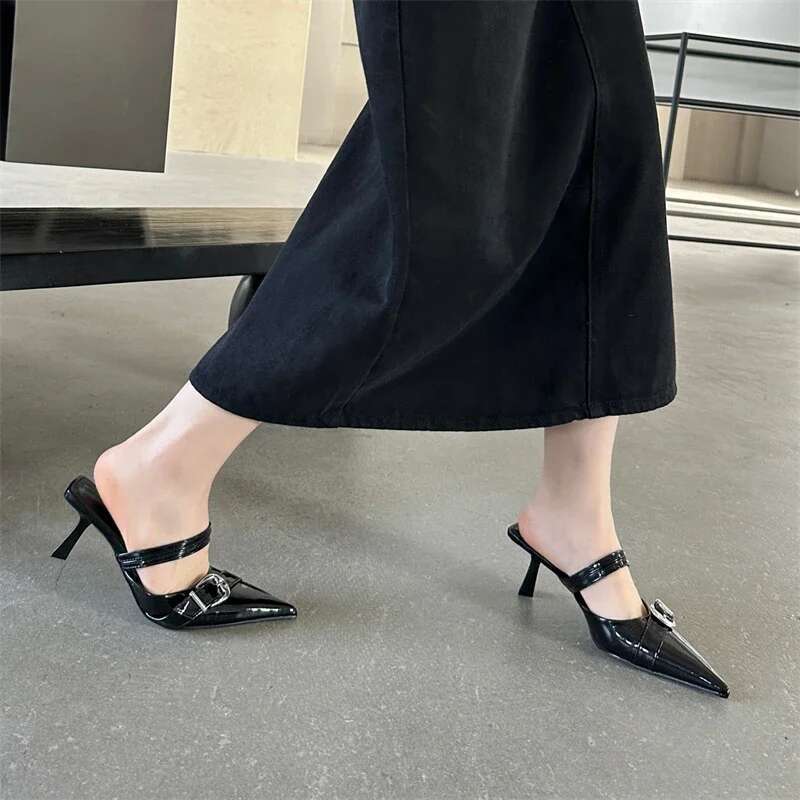 Spring Fashion Buckle Strap Woman Slippers Design Style Thin Heels Ladies Pointed Toe Shallow Shoes Slides Mules Sandals