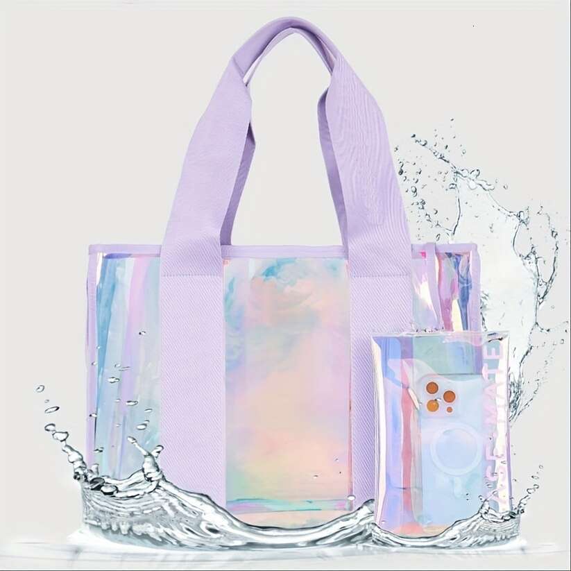 DHwanglijia Holographic PVC Tote Women - Large Capacity, designer bag Waterproof, Fashionable Crossbody with Phone Pocket, Perfect for Summer Outings,