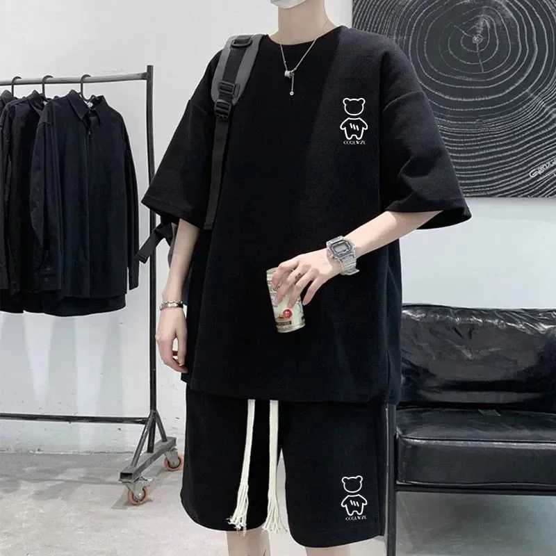 New summer waffle mens clothing Korean fashion short sleeved top 2-piece set sportswear trendy sportswear jogging setXJ250326