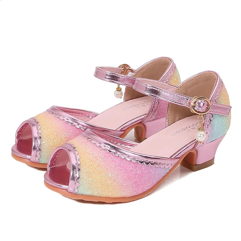 Sweet Girl Princess Dress Sandals Rainbow Sequins Children High Heels Glitter Spring Summer Kids Casual Shoes for Wedding Party 250218