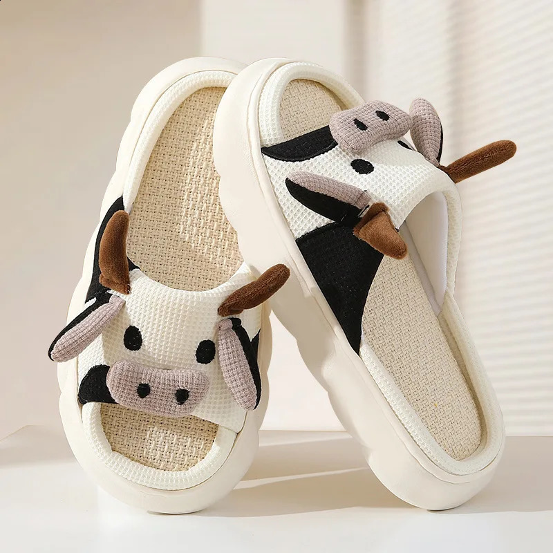 Cartoon Cute Cow House Slippers Women Platform Soft Sole Anti-slip Home Slides Woman Lightweight Warm Plush Indoor Cozy Slippers 250213