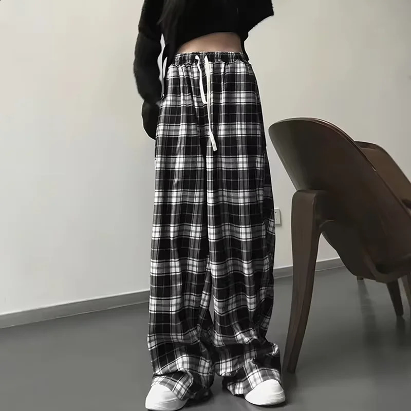 Thin Women Korean Version of High-waisted Wide-leg Pants Casual Straight Hit Color Plaid Elastic Waist Dragging Pants 250218