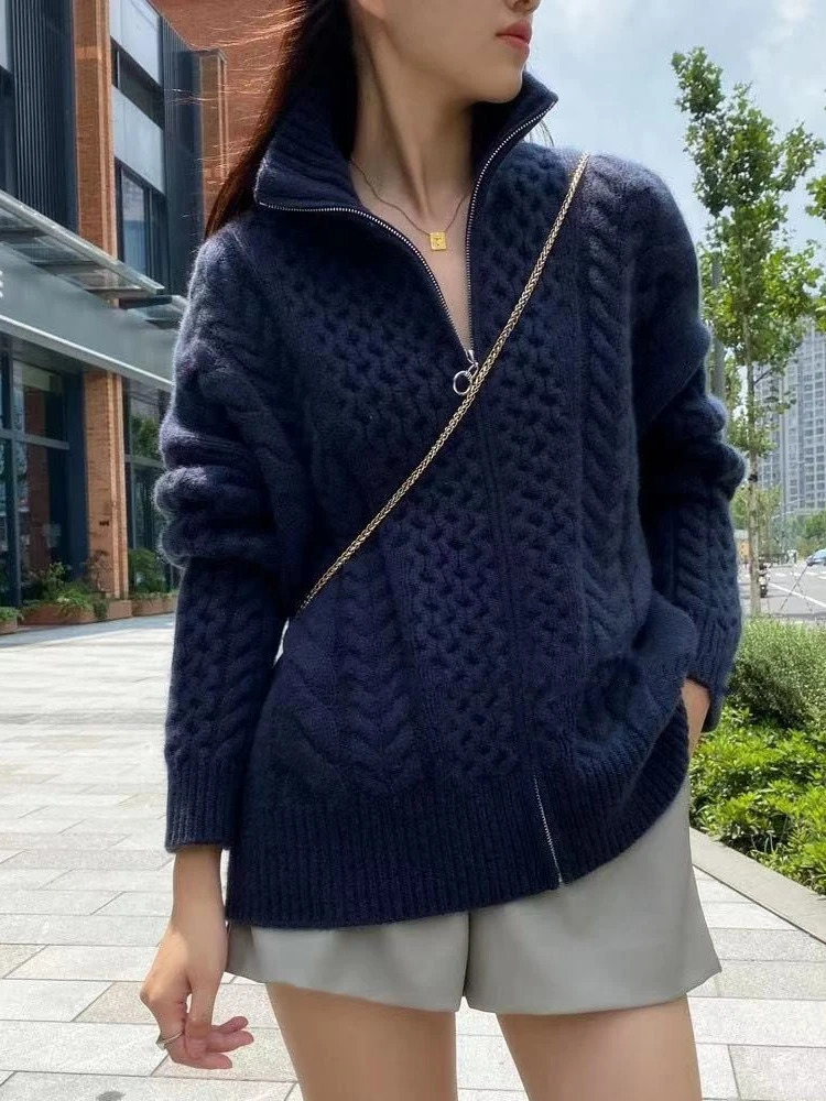 Autumn And Winter Thick Turtleneck Cashmere Knitted Cardigan Womens Loose Wool Sweater Cardigan Large Size Female Jacket Top 250214