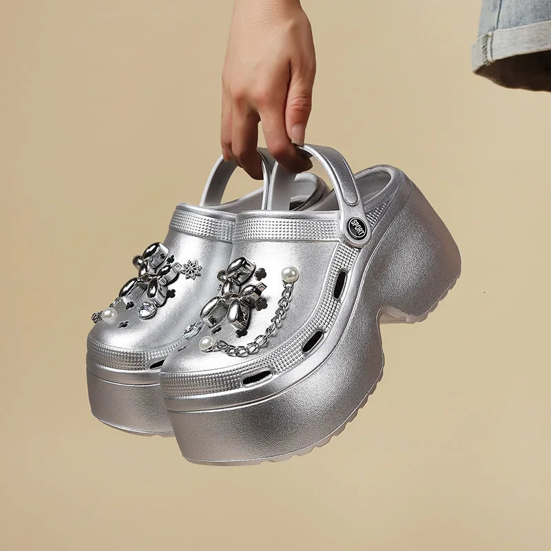 Sier Color Platform Slippers For Women Summer High Heel Shoes Thick Sole DIY Dog Girls Beach Slides Fashion Street Sandals 250221