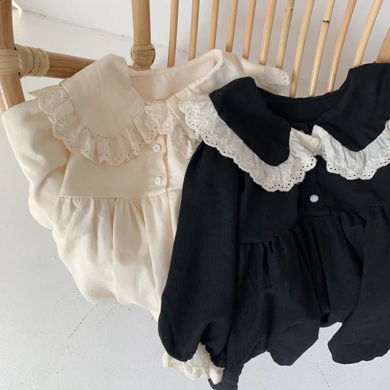 Spring and Autumn Girls Dress Lace Patch Korean Style Cute Girl Long Sleeve Collar Party Princess Dress 250219