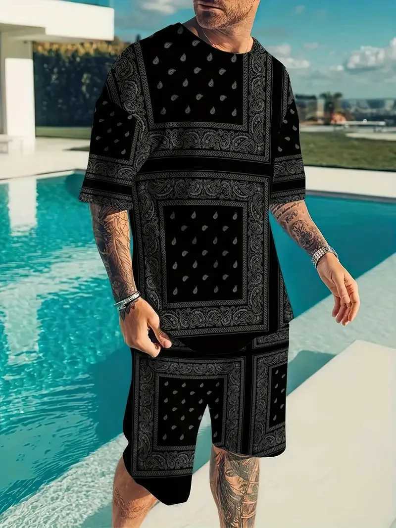 Fashion Trend Mens T-shirt Set Splicing Cashew Flower Pattern y2k Round Neck Short Sleeve And Shorts Comfortable And BreathableXJ250218