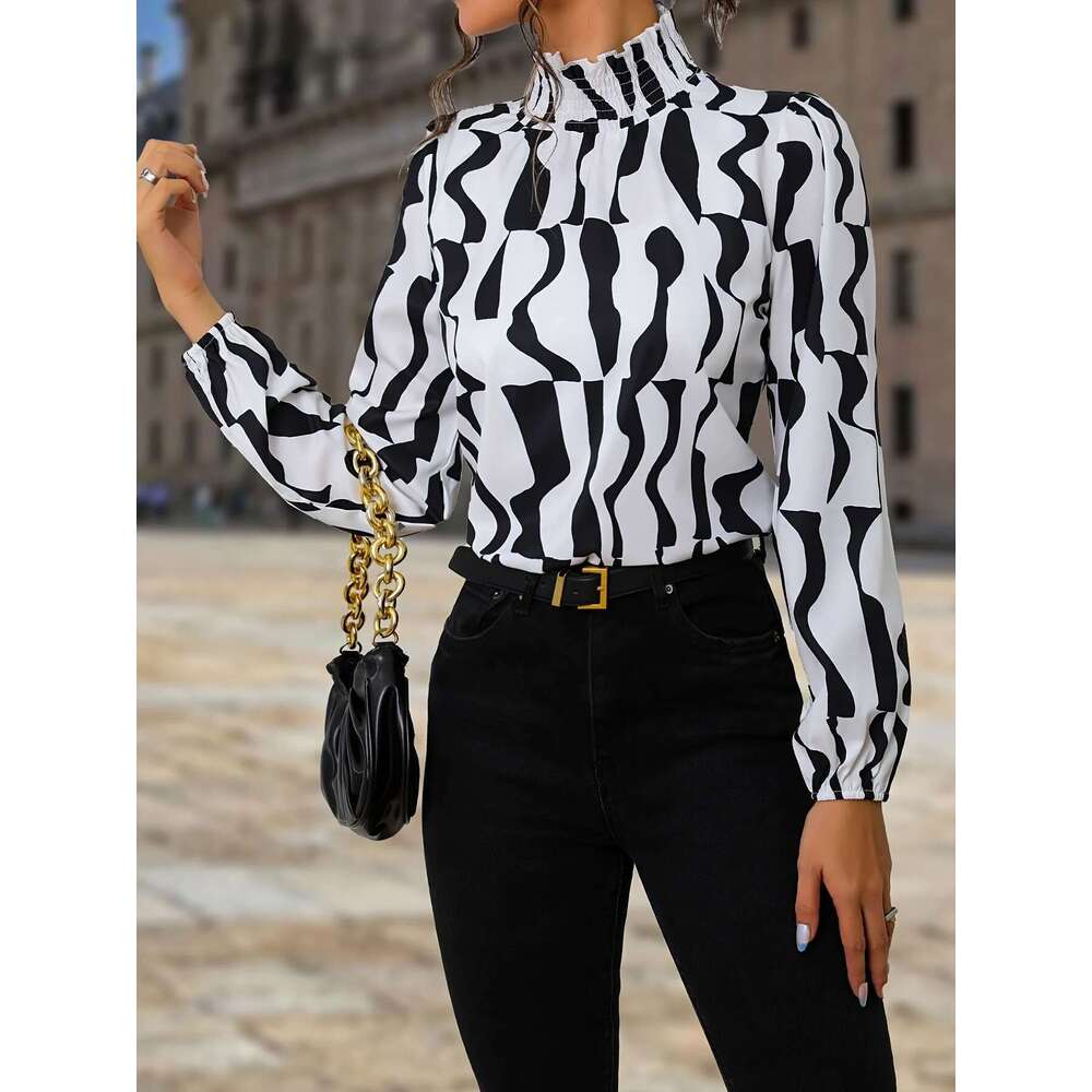 New Black Zebra Print Elegant Lantern Long Sleeve Shirt, Women's Wear