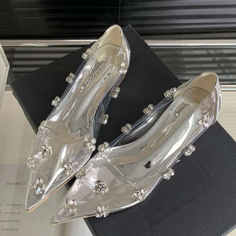 Spring Fashion Crystal PVC Transparent Women Pumps Elegant Pointed Toe Square Low Heels Sandals Ladies Shoes